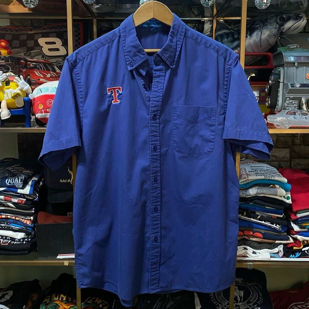 Texas Rangers Port Authority Button Up Shirt Large Royal Blue Short Sleeve MLB